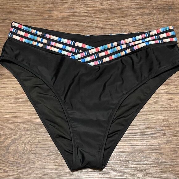 Black and Multicolor Striped Women's Swim Set 2 Piece Halter Neckline Size XL - Picture 8 of 14